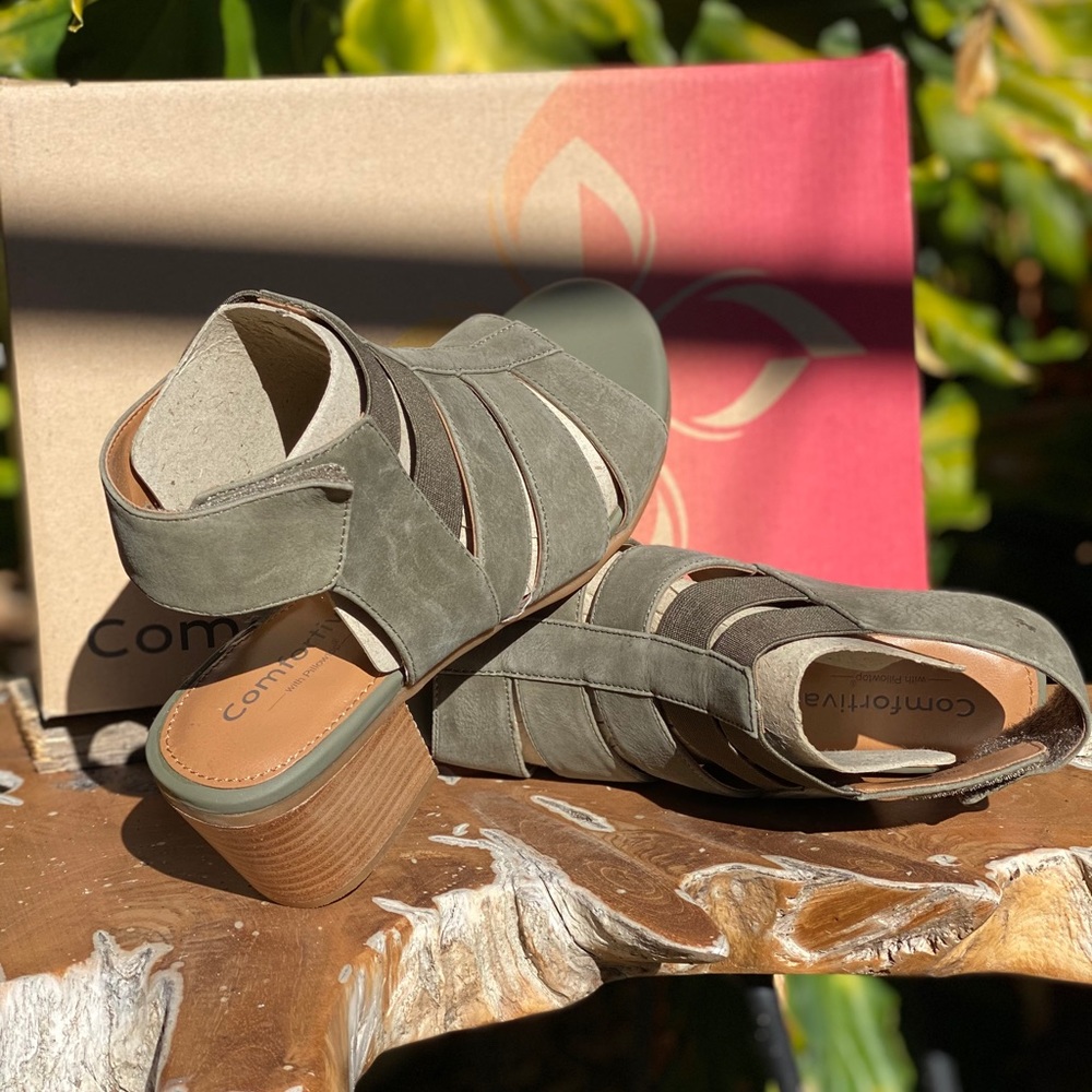 Olive green comfortiva gladiator style sandal.